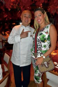 Annika Urm, celebrity journalist, meet and greet again with World famous Chef Matsuhisa Nobu at Nobu Restaurant Marbella at Puente Romano in Costa del Sol, Spain 2023