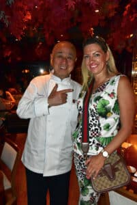 Annika Urm, celebrity journalist, meet and greet again with World famous Chef Matsuhisa Nobu at Nobu Restaurant Marbella at Puente Romano in Costa del Sol, Spain 2023