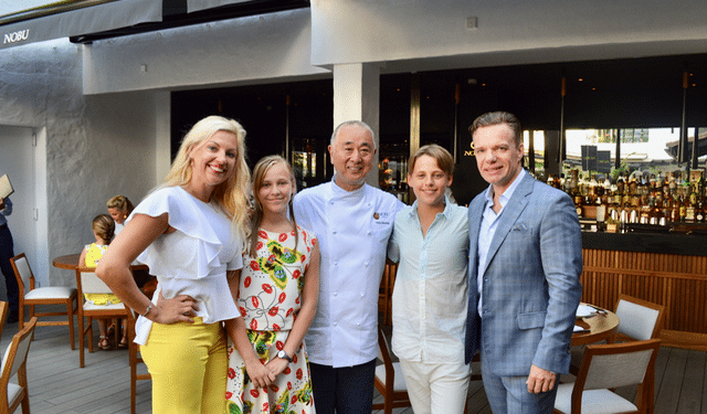 Chef Matsuhisa Nobu, Annika Urm and her family at NOBU Marbella 2017