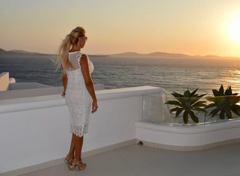 Annika Urm, Veiko Huuse watching sunset at Mykonos at Anax Hotel & Spa