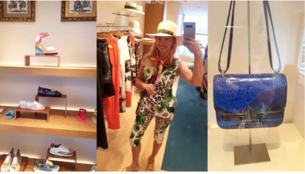 Pink Hermes shoes from 2019 fashion show 750 EUR, Hermes hat 580 EUR, Blue bag Special edition behind a class 16 400 EUR
