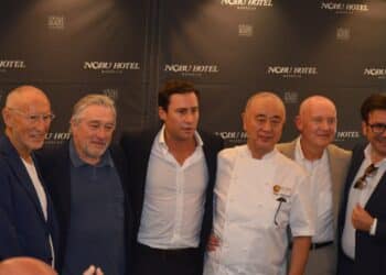 Robert De Niro with Daniel Shamoon Puente Romano Hotel owner, Chef Nobu Matsuhisa and General Manager Nobu Marbella Francesco Roccato May 16, 2018
