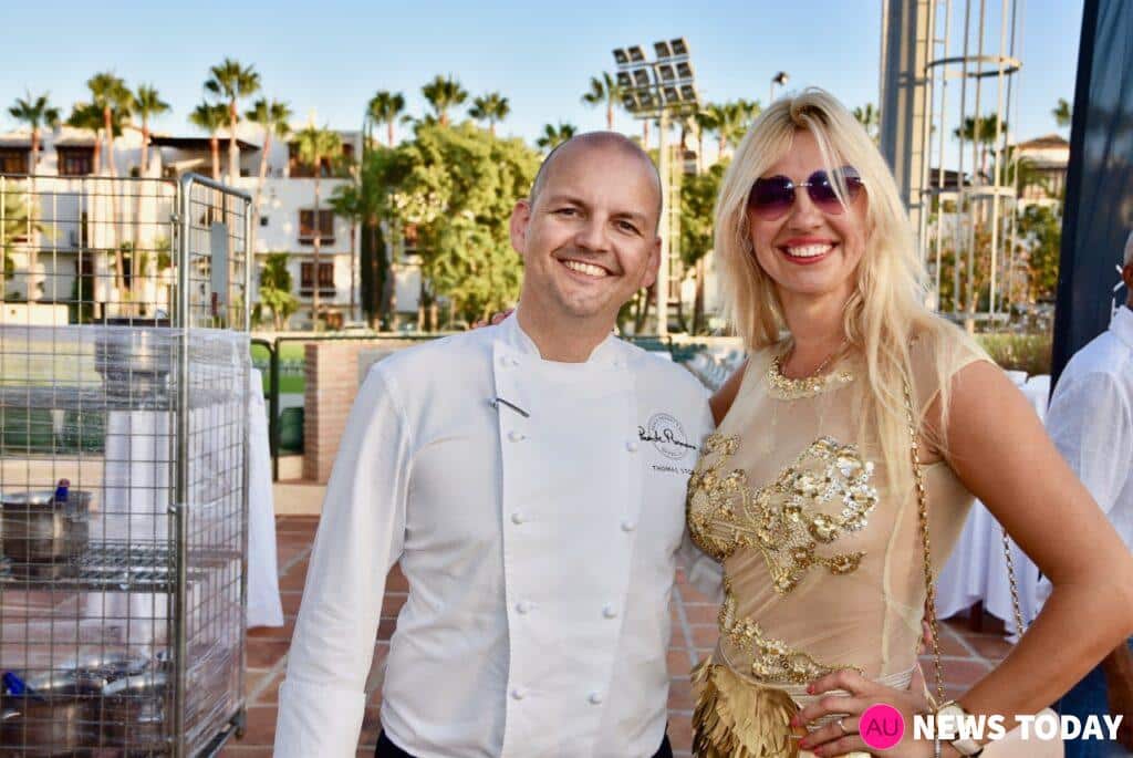 Executive chef of Puente Romano Hotel Thomas Stork and Annika Urm at the World Vision Gala at Puente Romano Tennis Club Marbella 2019