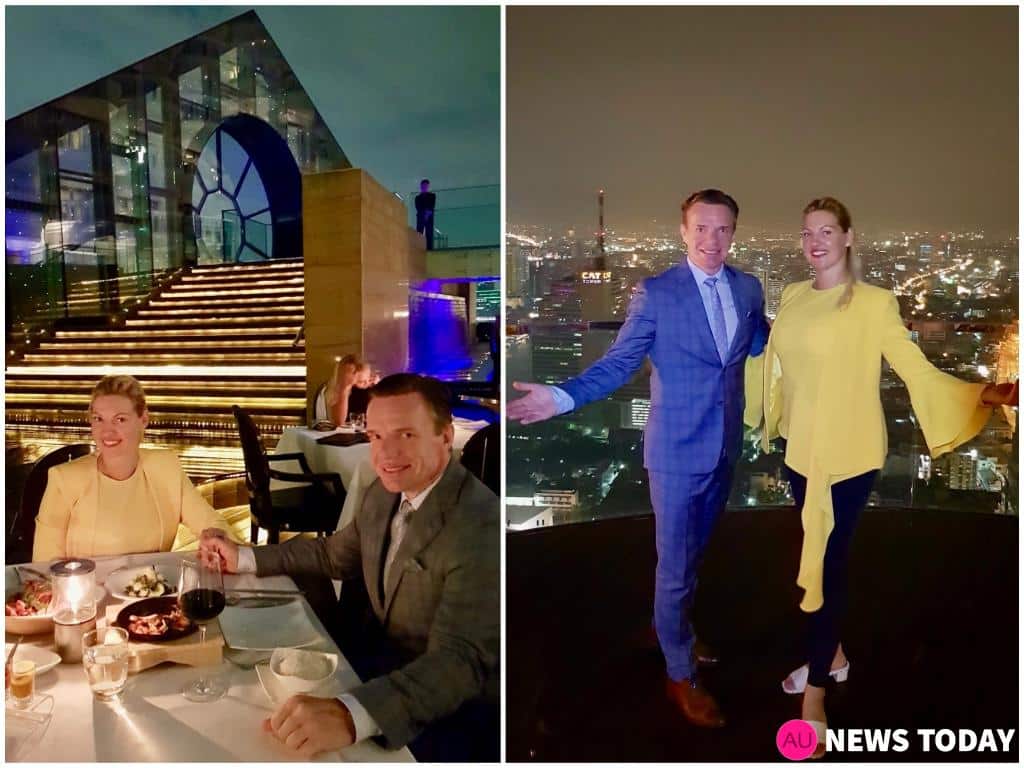 Annika Urm and Veiko huuse dining at Sirocco Restaurant at Lebua Hotel in Bangkok on 63th floor.